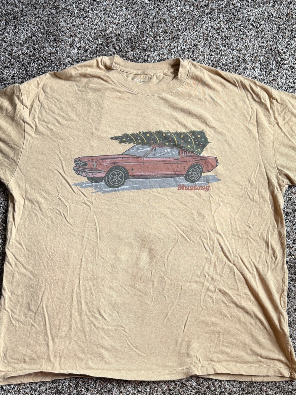 American Eagle Outfitters Tan Tee with Red Mustang Graphic